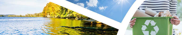 image collage of water, sky, and recycling
