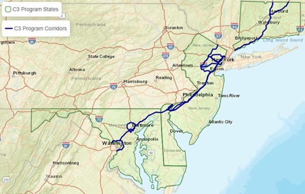 Map highlighting the area of the CPRG Clean Corridor Coalition sites throughout the involved states.