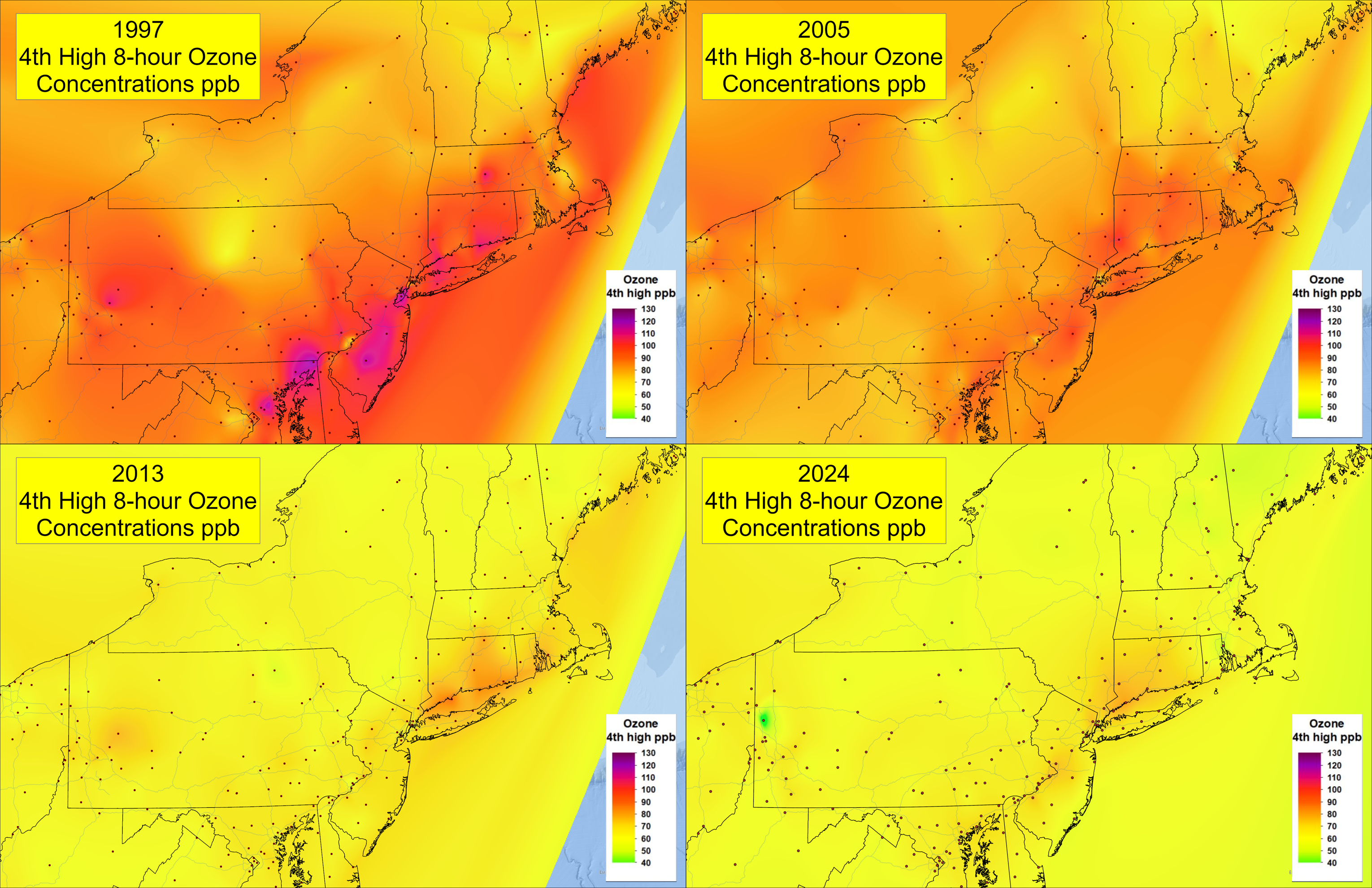 4th high 8-hour ozone concentrations from 1997, 2005, 2013, and 2024