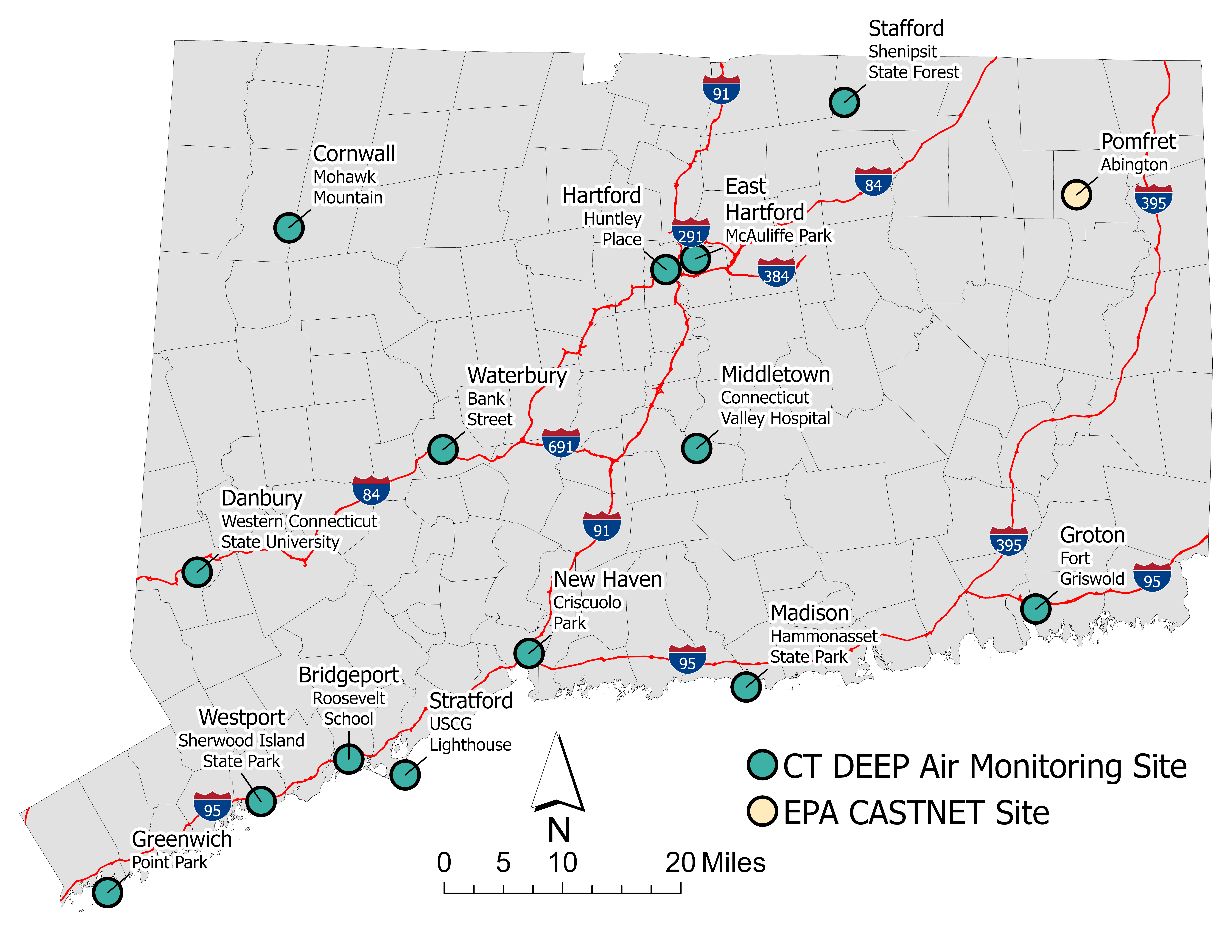 Map showing the locations of air monitoring stations in CT