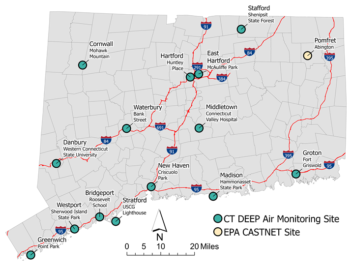 Map showing the locations of air monitoring stations in CT