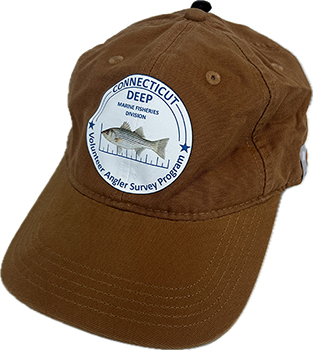 A baseball cap with a logo that is provided to people who volunteer to take angler surveys.