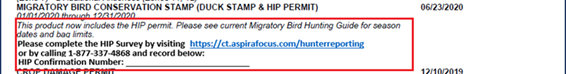 Image of what appears on a hunting license if HIP permit is purchased through a third-party vendor.