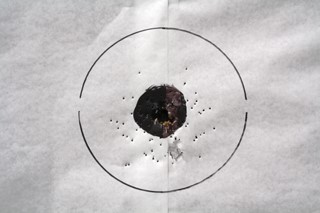 A bull's eye target showing the patterning of a shotgun.