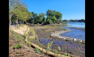 restoration work consisting of new plantings and plugs, stone rip rap, and waddles installed