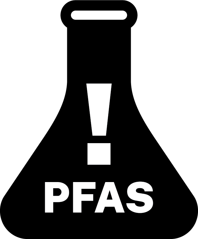 An outline of an Erlenmeyer flask with both the word PFAS and an exclamation point inside the flask to identify the presence of PFAS