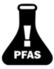 An outline of an Erlenmeyer flask with both the word PFAS and an exclamation point inside the flask.