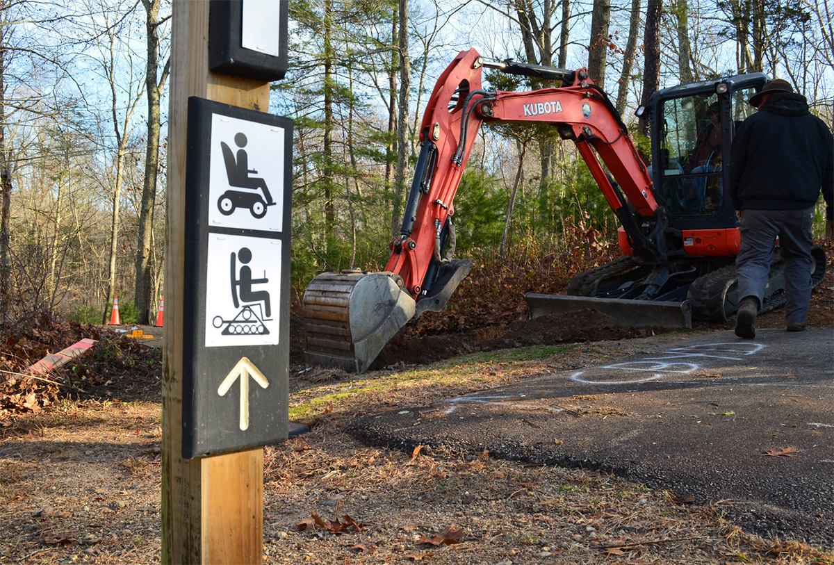 ATW Trail Work, Signage  Based on feedback from all-terrain wheelchair users, DEEP has improved trail accessibility and signage, with help from the Bronco Wild Fund