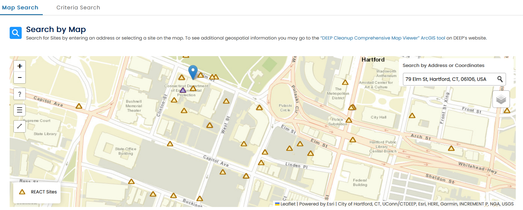 REACT portal map showing sites