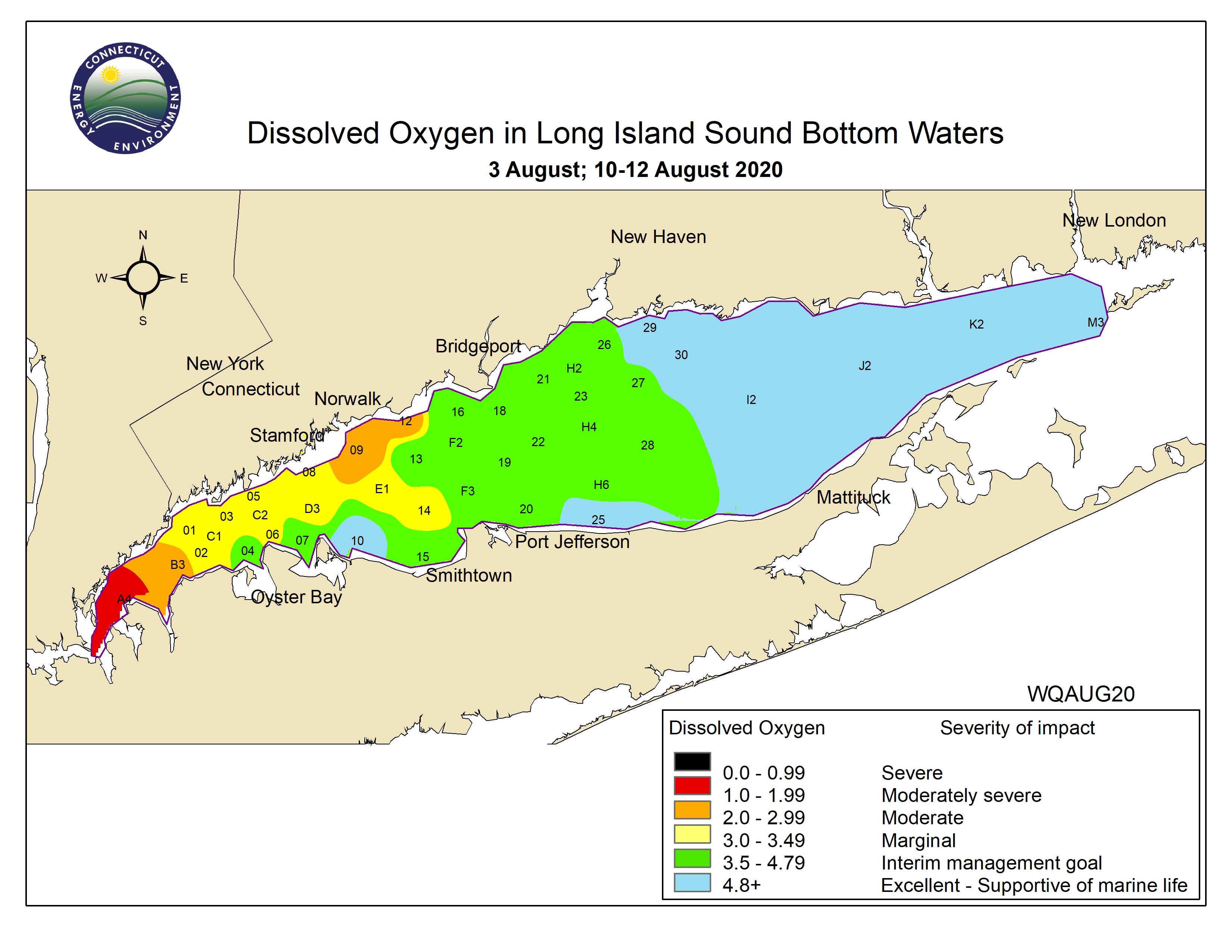 Map of August 2020 water quality conditions in Long Island Sound.
