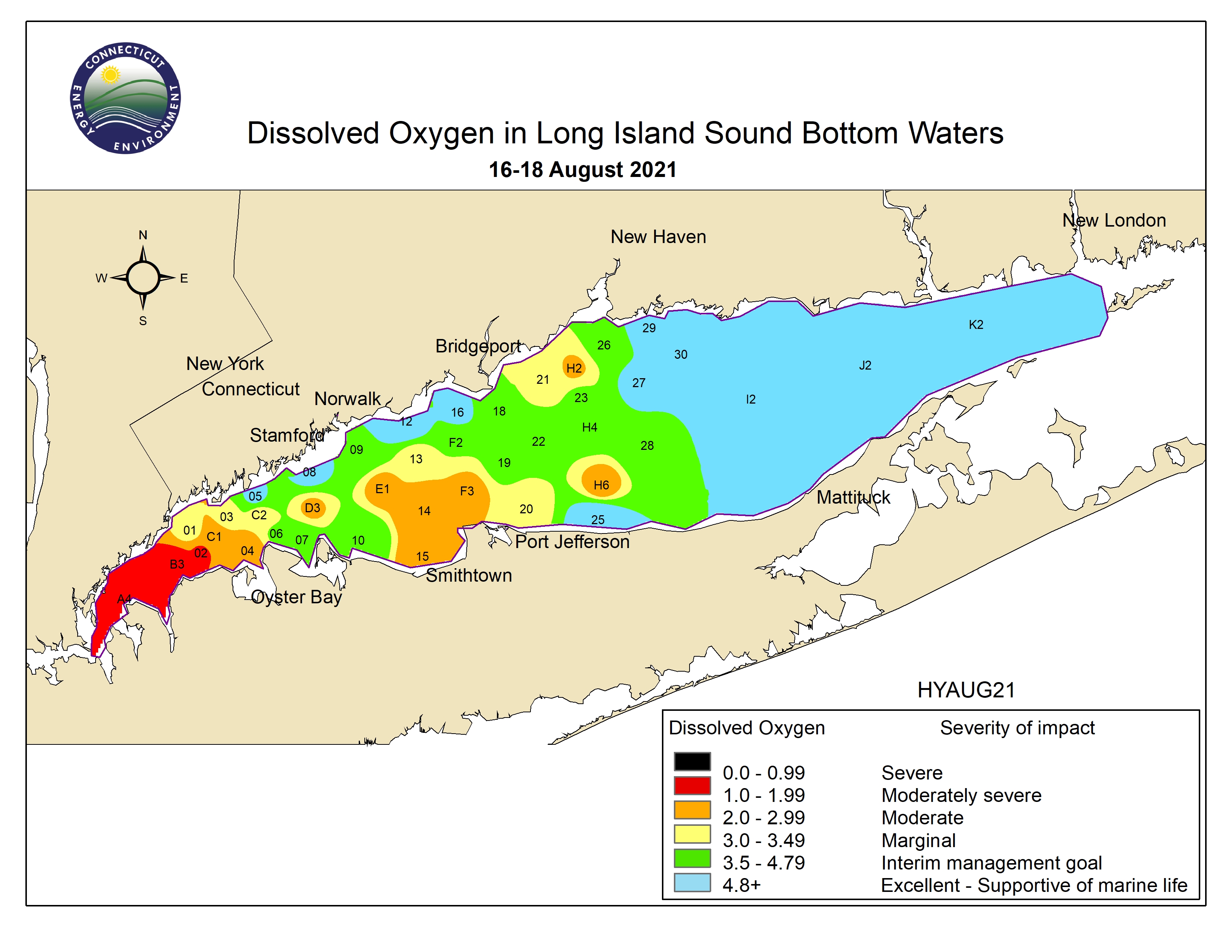 Map of August 2021 water quality conditions in Long Island Sound.