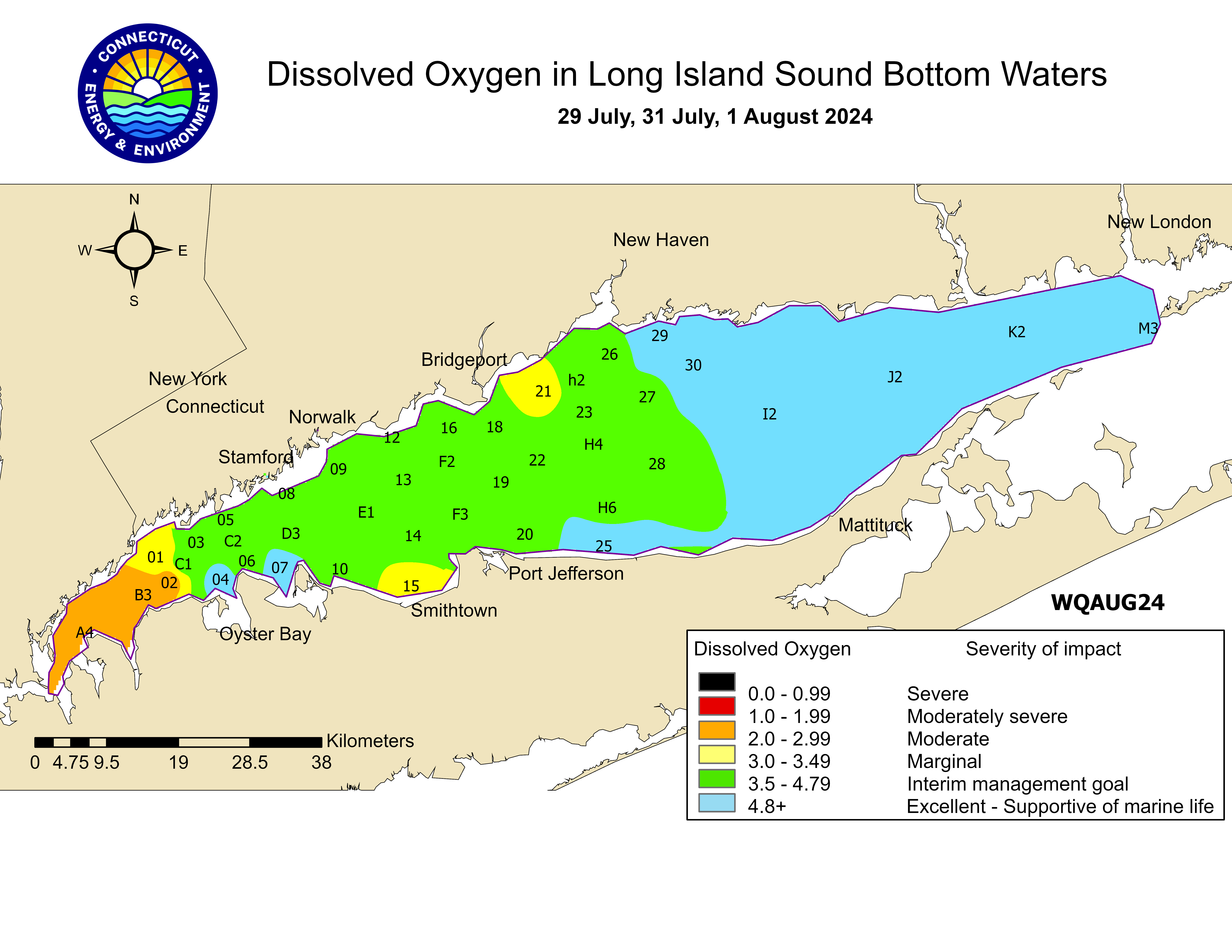 Image of dissolved oxygen concentrations in Long Island Sound July 29-August 1, 2024
