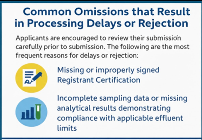 Common Omissions that Result in Processing Delays or Rejection, Applicants are encouraged to review their submission carefully prior to submission. The following are the most frequent reasons for delays or rejection. Missing or improperly signed registrant certification. Incomplete sampling data or missing analytical results demonstrating compliance with applicable effluent limits