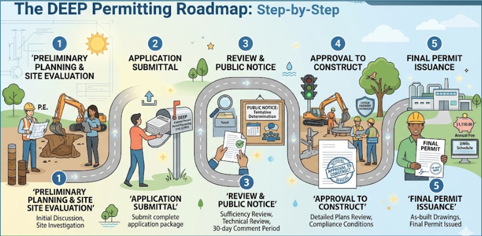 1, Preliminary Planning and Site Evaluation. 2, Application Submittal. 3, Review and public notice. 4, Approval to Construct. 5, Final Permit Issuance
