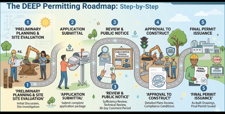 1, Preliminary Planning and Site Evaluation. 2, Application Submittal. 3, Review and public notice. 4, Approval to Construct. 5, Final Permit Issuance