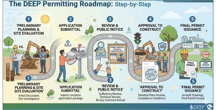 1, Preliminary Planning and Site Evaluation. 2, Application Submittal. 3, Review and public notice. 4, Approval to Construct. 5, Final Permit Issuance