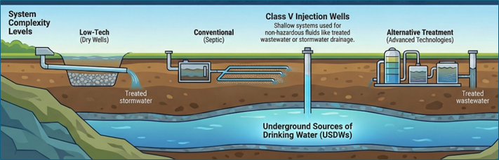 System Complexity Levels. Low-Tech (Dry Wells). Conventional (Septic). Alternative Treatment (Advanced Technologies). Class V Injection Wells. Shallow systems used for non-hazardous fluids like treated wastewater or stormwater drainage, Underground Sources of Drinking Water (USDWs).
