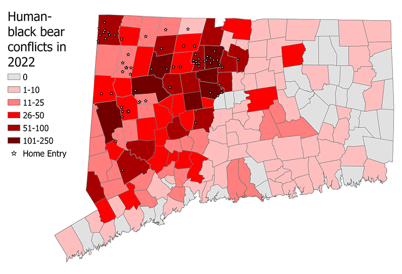 Heat map of Connecticut showing bear conflicts.