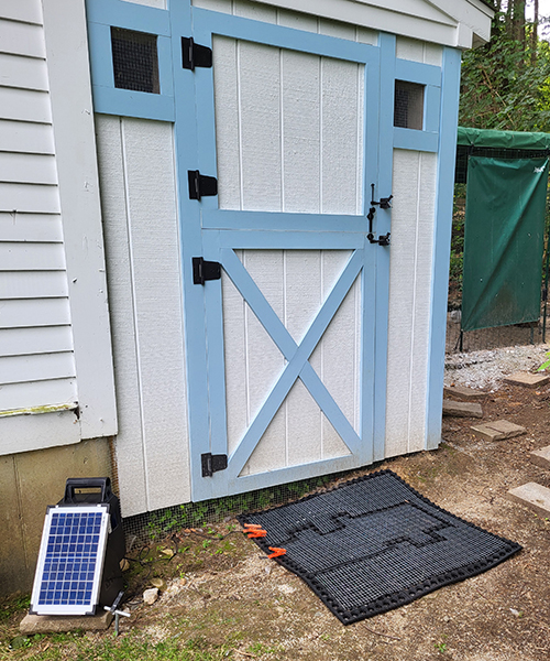 Electric unwelcome mat setup in front of wooden shed.