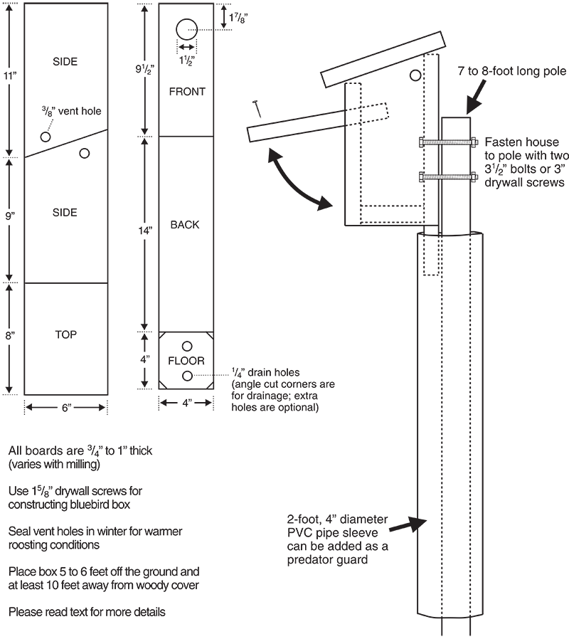 Detailed plans for constructing a bluebird nest box.