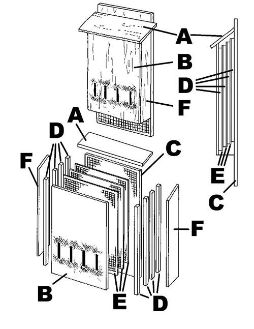 Illustration of the pieces used to construct a large bat house.