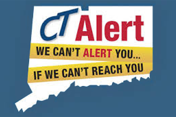 Graphic of State of Connecticut with text saying CT Alert. We Can't alert you if we can't reach you.