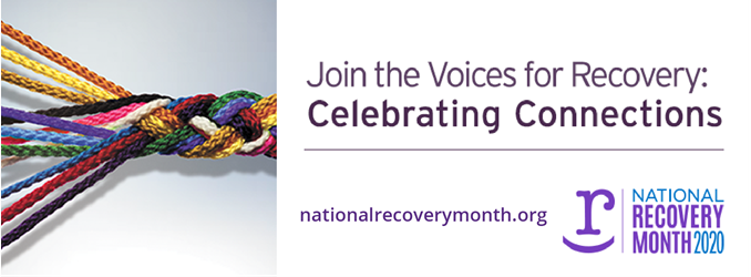 A photo of multiple colored strands being braided together. Accompanying text reads: "Join the Voices for Recovery: Celebrating Connections"