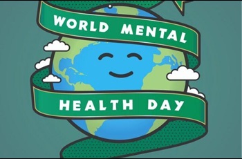 A stylized representation of a smiling Earth, surrounded by a green banner reading World Mental Health Day