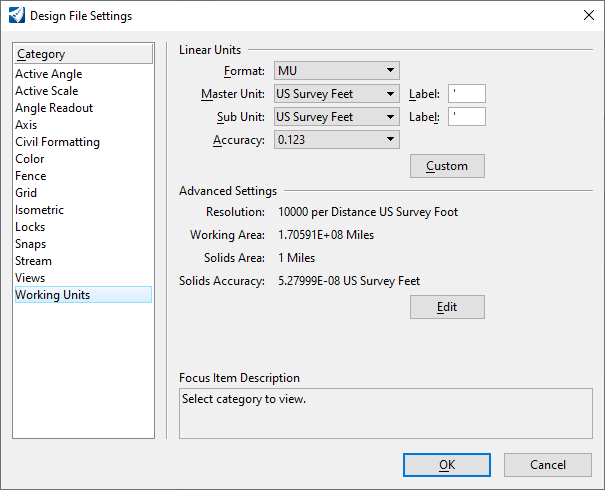 CONNECT Edition Design File Settings showing settings for Working Units - Dialog Box 