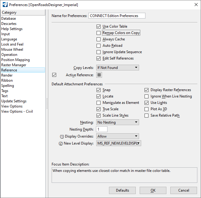 CONNECT Edition User Preferences Reference Settings - Dialog Box