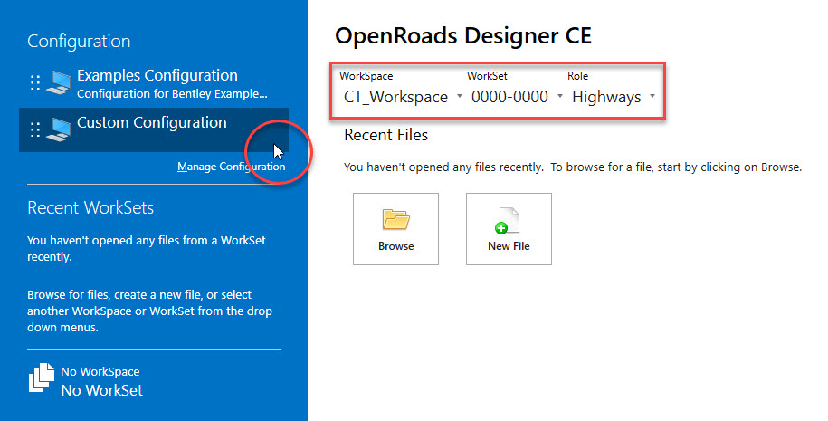 A screenshot of OpenRoads Designer, emphasizing where users must click in order to change to a Custom Configuration.