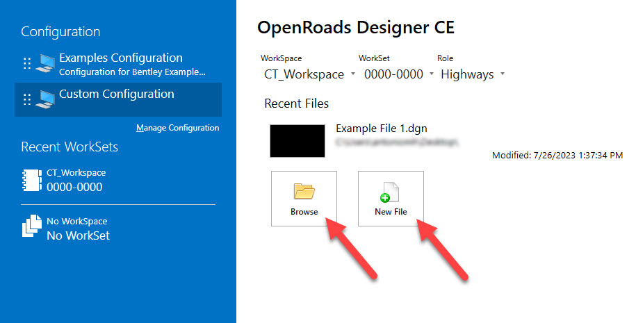 A screenshot of OpenRoads Designer, highlighting the two methods of opening a file: either opening a preexisting one or creating a new one.