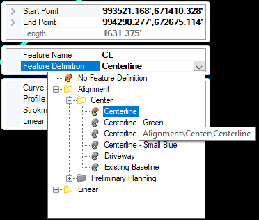Feature Definition Selection - OpenRoads Designer Screen Shot