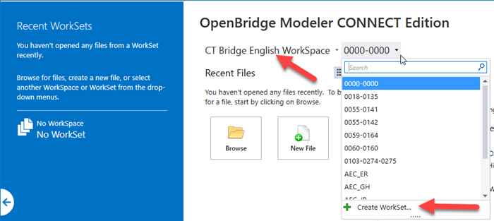 Welcome Screen OpenBridge Modeler select a Workspace and WorkSet - CONNECT Edition Interface