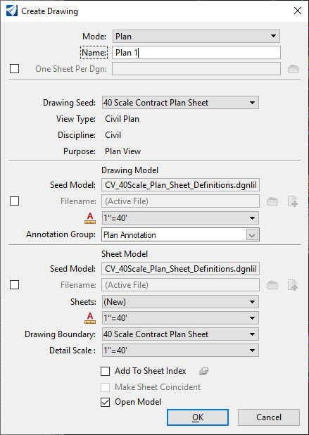 Create Drawing Dialog Box - Signing and Pavement Markings Civil Plan 40 Scale Settings