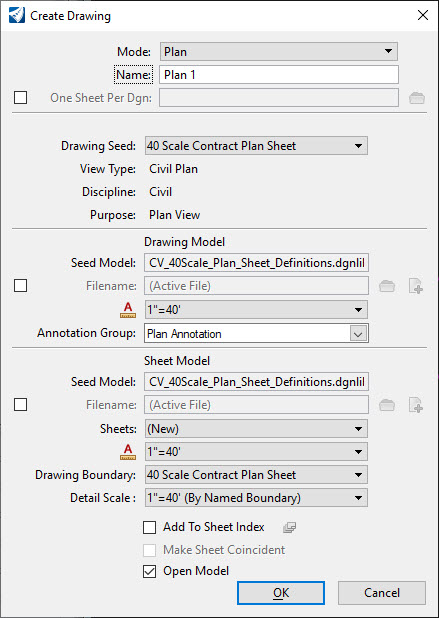 Create Drawing Dialog Box - Signing and Pavement Markings Civil Plan 40 Scale Settings