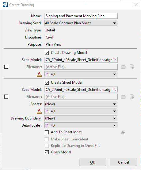 Create Drawing Dialog Box - Signing and Pavement Markings By 2 Point Settings