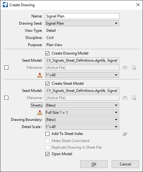 Create Drawing Dialog Box - Signal Plan Settings