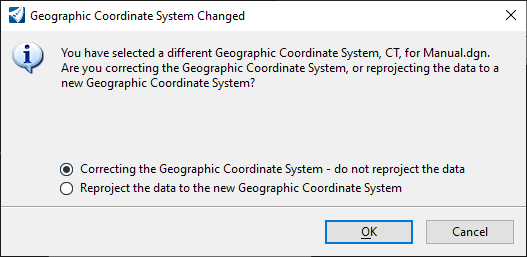Geographic Coordinate System Changed - OpenRoads Dialog Box