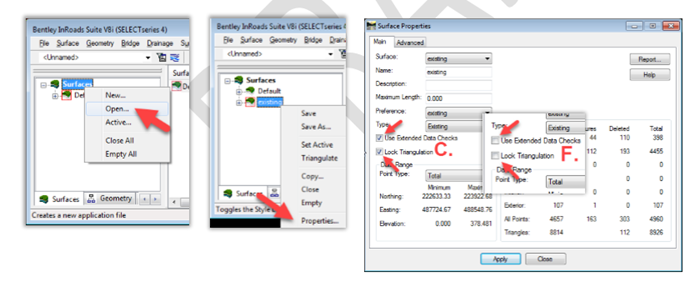 InRoads DTM Settings for Export Dialog Boxes