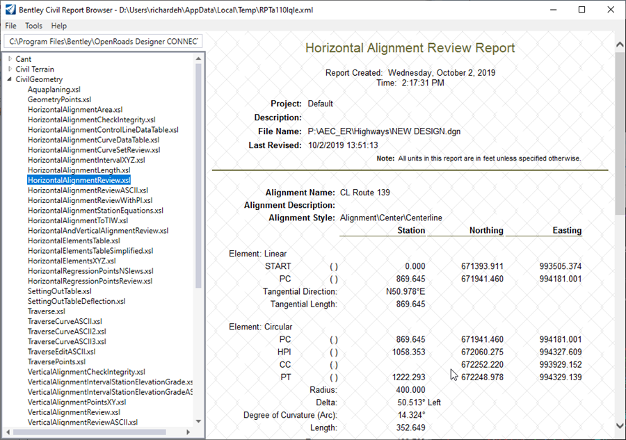 Bentley Civil Report Browser Horizontal Alignment Review Report - Screen Shot