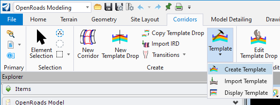 Create Template Library Tool - Corridor Tab OpenRoads Ribbon