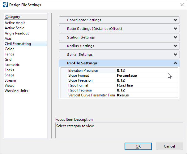 Design File Settings Civil Formatting Profile Settings - Dialog Box