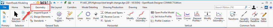 OpenRoads Geometry Tab