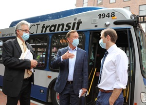 CTDOT Distributes Masks to Bus Riders - CTDOT Commissioner and Hartford Mayor