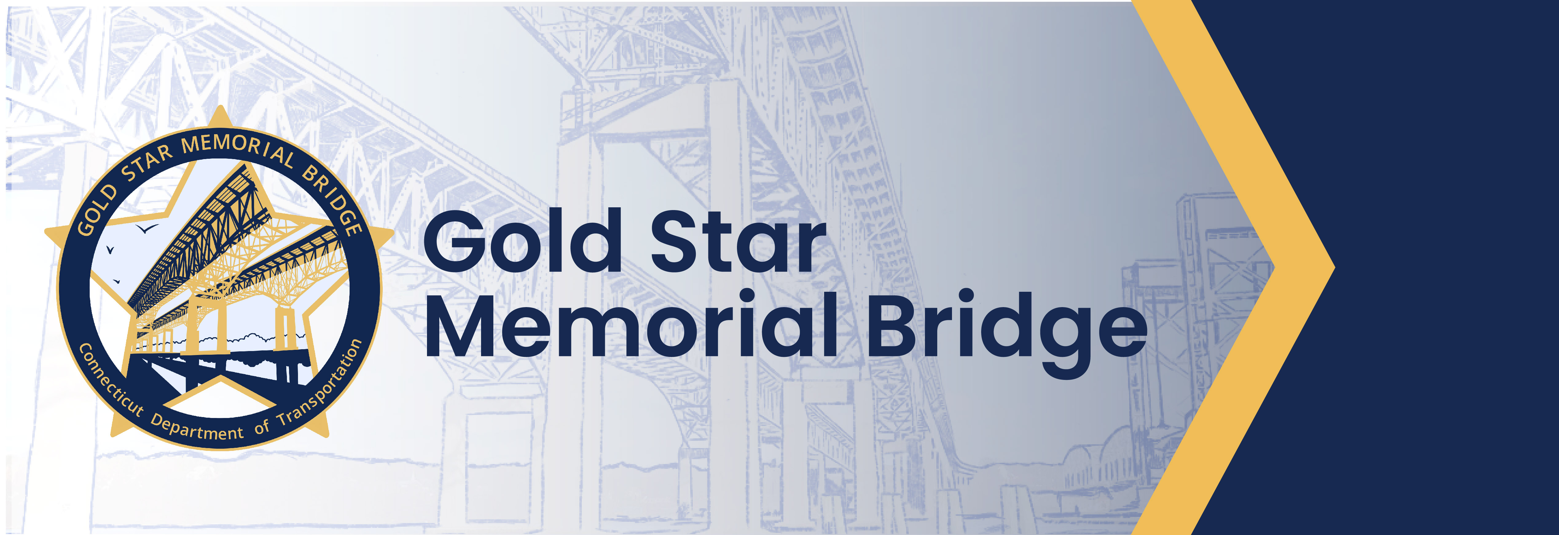 Banner image that includes the title of the page: "Gold Star Memorial Bridge" with the accompanying logo, on top of a set of translucent blueprints