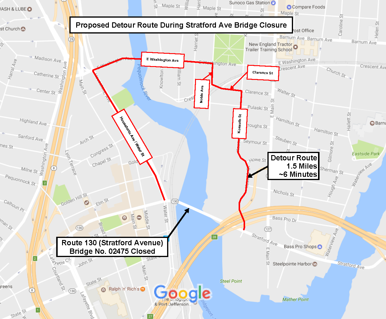 Aerial map showing Detour Route for Stratford Avenue Bridge Inspection