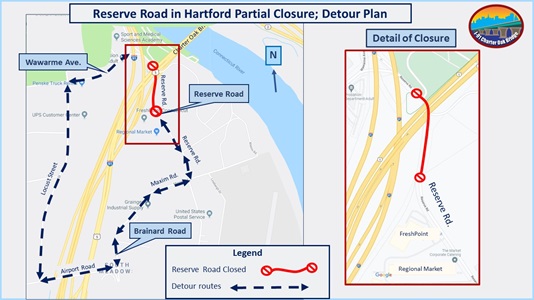 Detour map showing closure on Reserve Road in Hartford. 