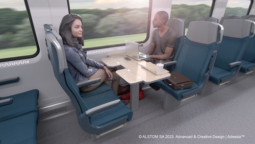 Interior rending of a rail car with two passengers sitting at a table