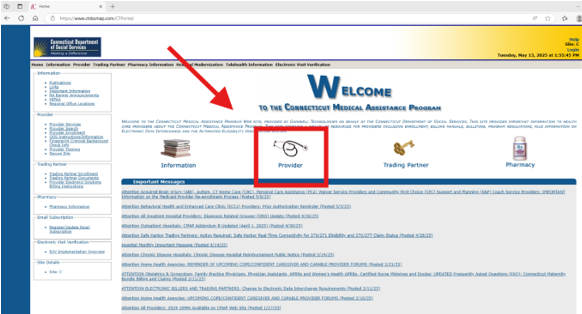 CTDSSMAP homepage with Provider card highlighted